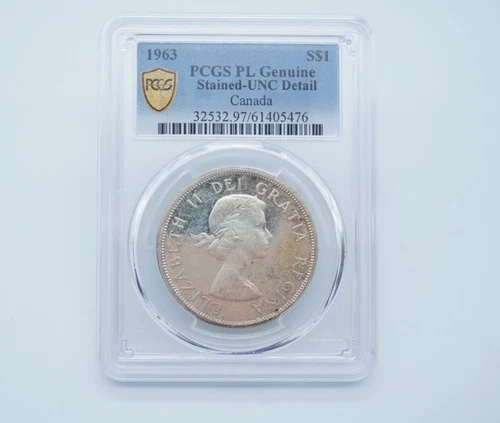 1963 Canadian $1 Coin .800 Silver PCGS PL Genuine Stained UNC Detail- T241