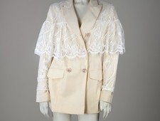 Cream Wool Lace Overlay Ruffle Double Breasted Blazer Jacket Vintage Retro Sz S