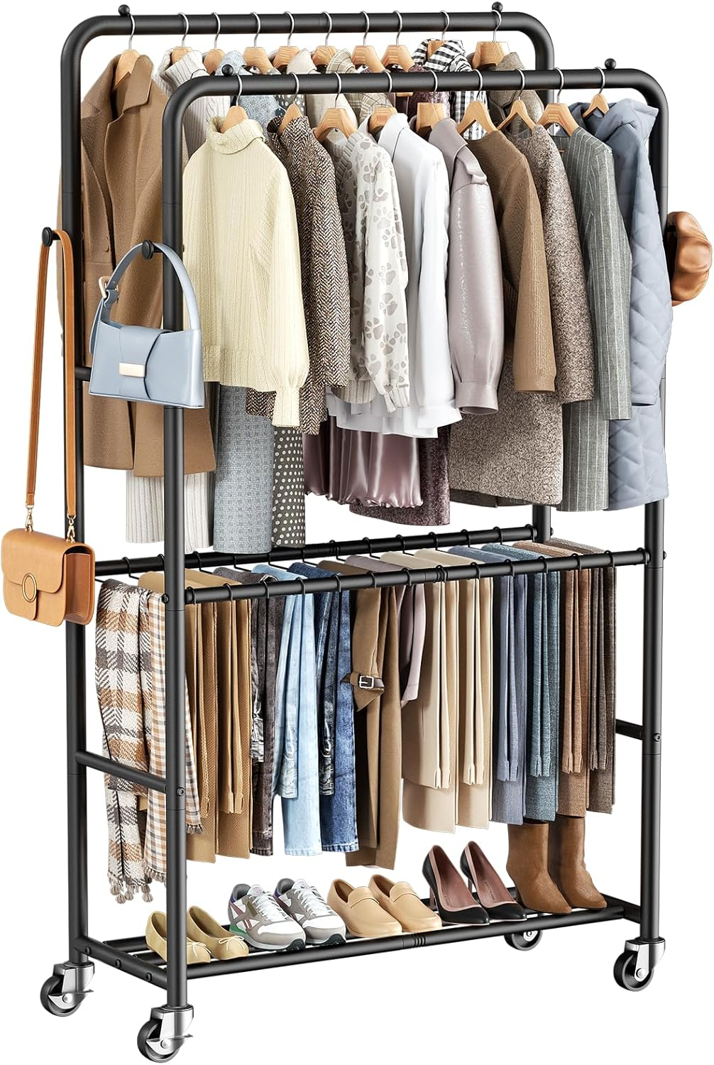 Clothes Racks for Hanging Clothes, Rolling Clothing Rack with Pants Rack, Side H-image