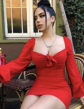 Fashion Nova Red Tie-Front Backless Bodycon Mini Dress S Long Sleeve Zip