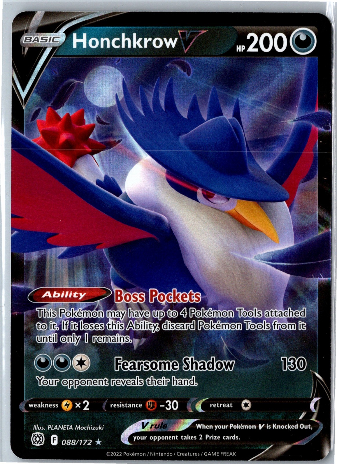 Pokemon 2022 Honchkrow V Ultra Rare Holo SWSH09 088/172 NM