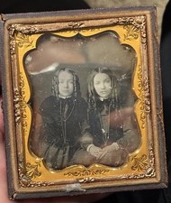 6th Plate Antique 1840s 2 Cute Girls Curly Hair Daguerreotype Photo Leather Case