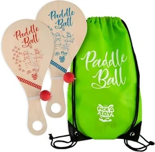 Wooden Paddle Ball with String (Set of 2) & Carry Bag Party Favor Toys Ages 4+