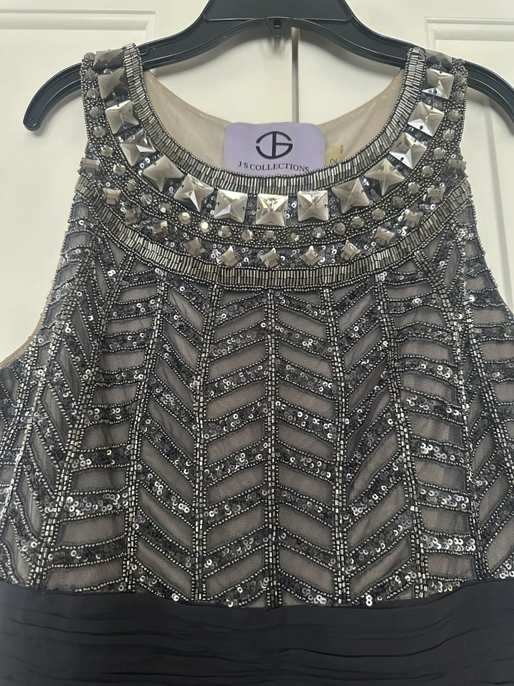 JS Collections Dress Womens 12 Gray Beaded Sequin Chiffon Maxi Evening Gown - Image 3 of 4