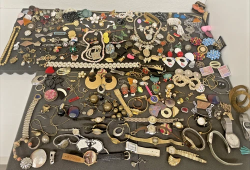 Vintage Lot of Costume Jewelry, Pins, Watches, Pendants, Necklaces Buttons Etc