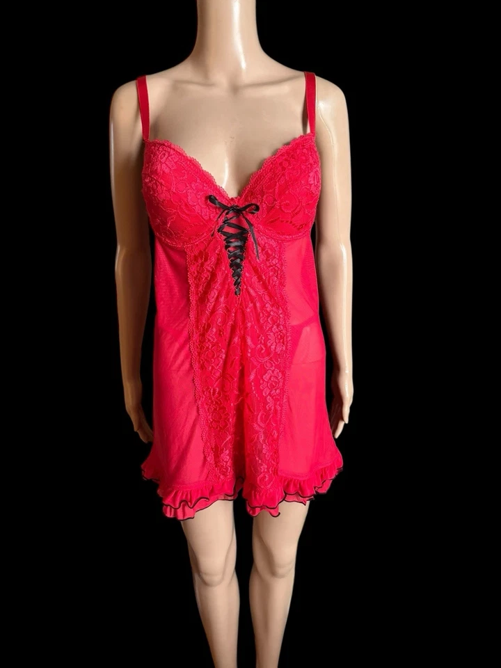 Lencería Hot Kiss Rosa Rojo Sexy Encaje Talla Grande 1X Peluche Íntimo y Tanga Sissy Foto 3 de 4