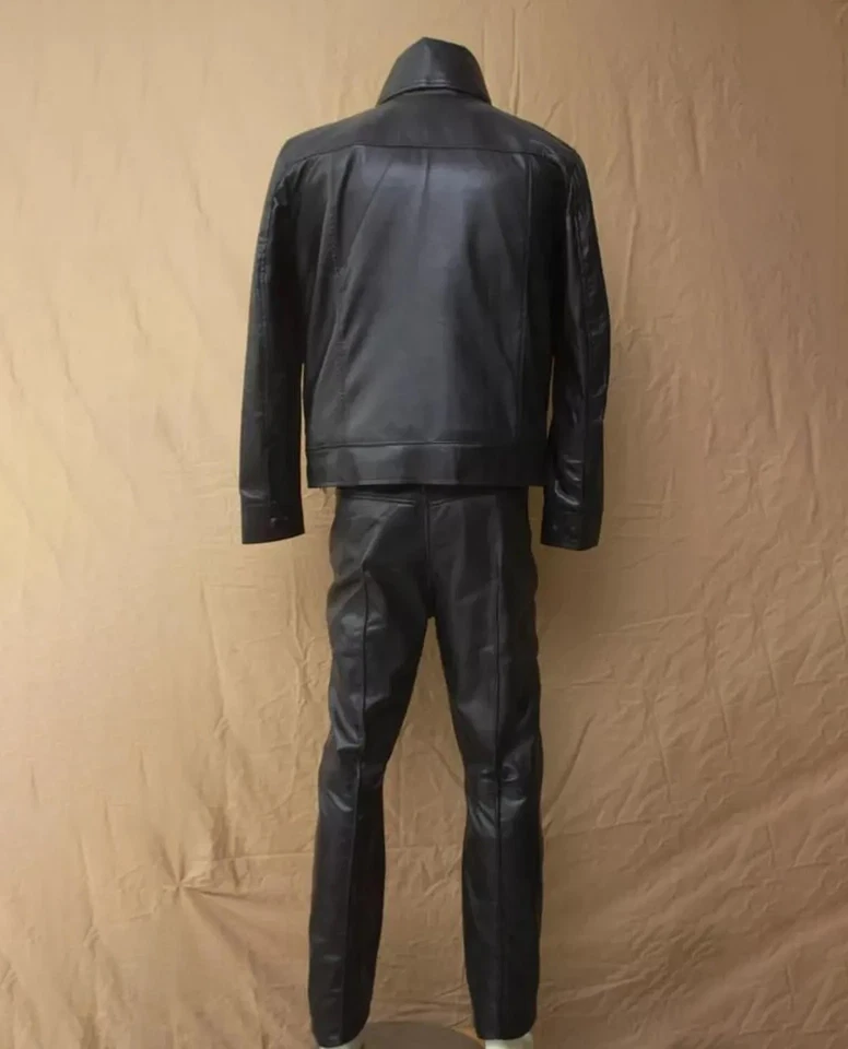 Traje de cuero de piel de cordero negro de regreso de Elvis Presley 1968 traje de artista homenaje Foto 2 de 4