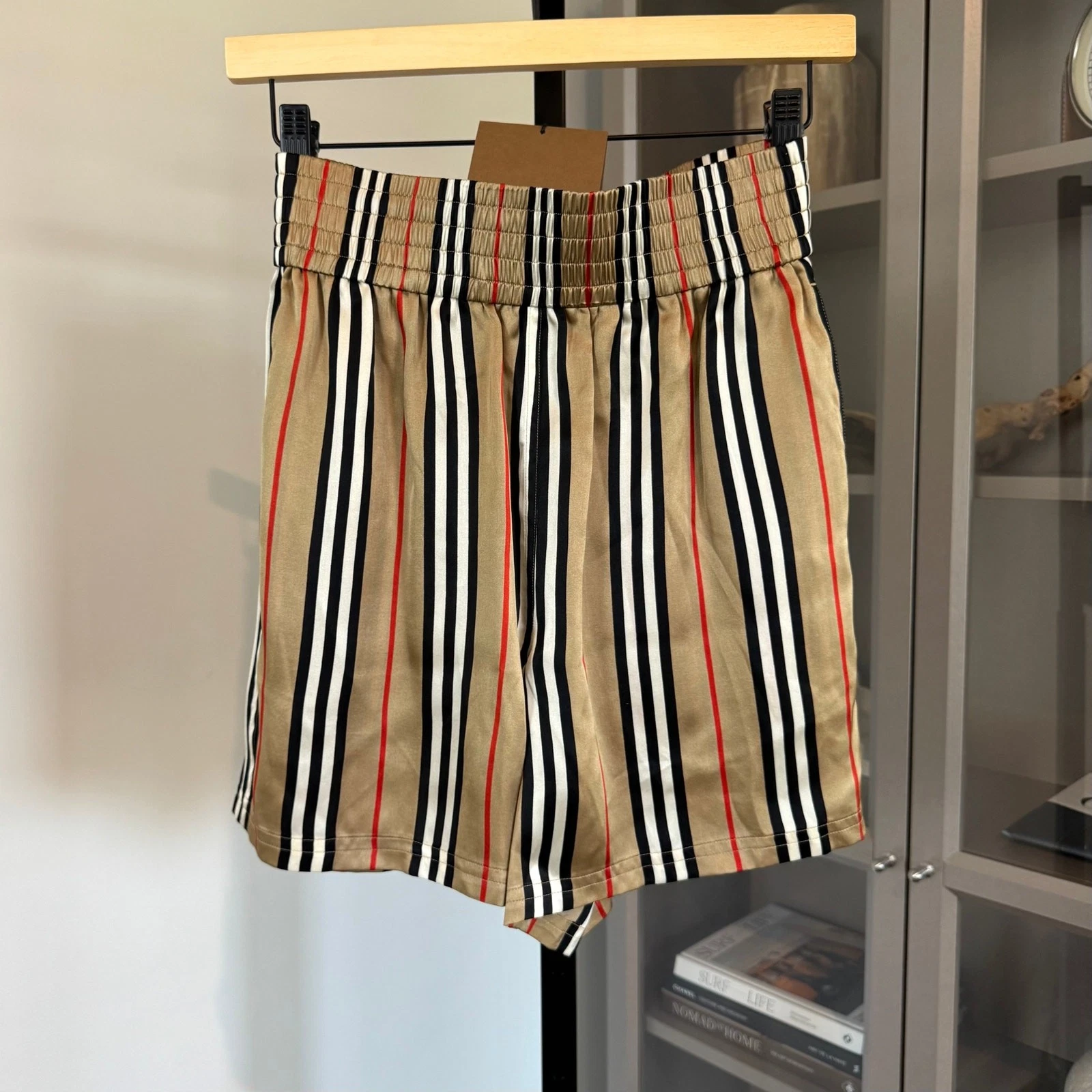 Burberry — Burberry Marsett Icon Beige Silk Stripe Womens Boxer Shorts UK 4 NEW Lightweight