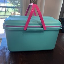 Eagle Craftstor Storage Tote Basket Teal Pink Purple 1990's Vintage USA 16x8x12