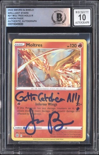 2022 Pokemon SWSH Brilliant Stars #21 Moltres Jason Paige Signed BGS 10 Auto