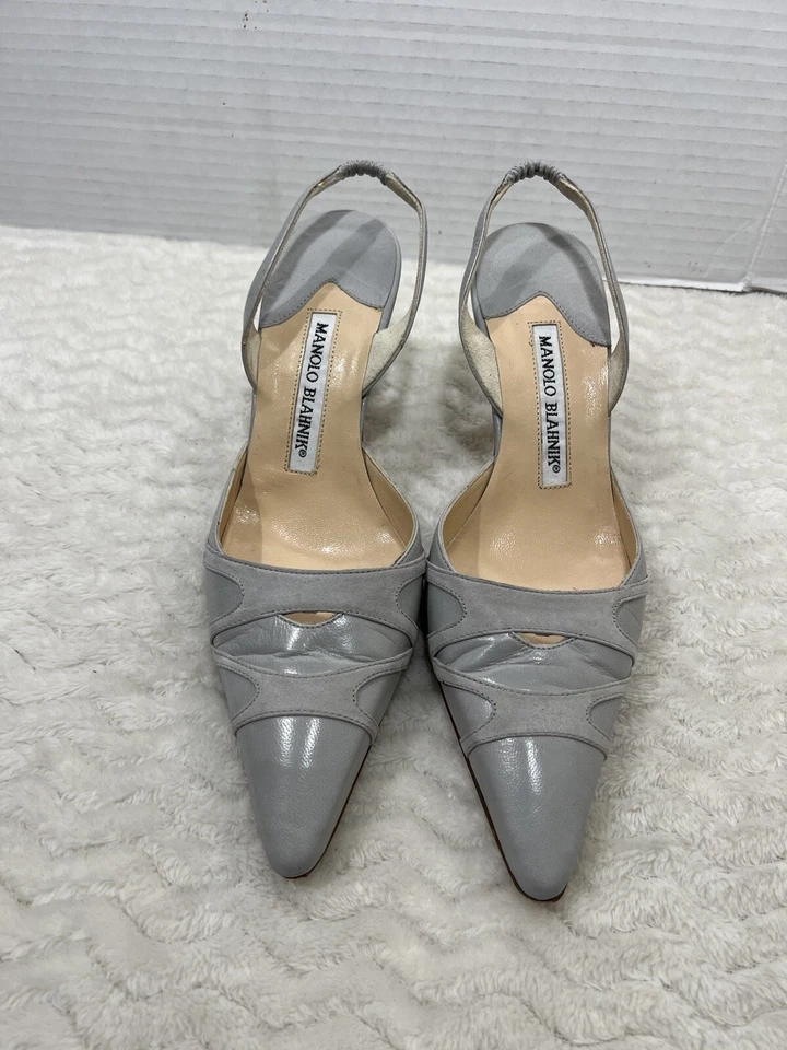 Manolo Blahnik Mujer Talla 35 EE. UU. 4,5-5 Gris Cuero Sin Cordones Punta Zapatos Foto 3 de 4