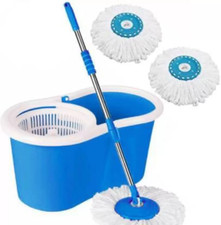 Blue Floor Magic Spin Mop Bucket Microfiber Spinner 360 Rotating Free 2 Heads