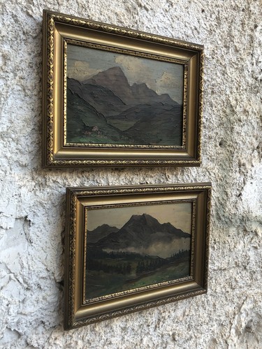 Coppia di quadri antichi -Paesaggi Alpini- dipinti a olio su tavoletta - Bild 2 von 24