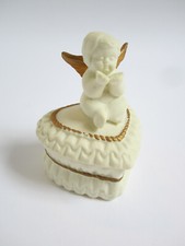 Vintage Bisque Angel Blowing Kisses on Heart Shaped Trinket Box 4 1/4" tall