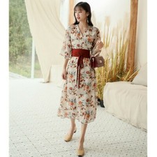 Donna Giapponese Kimono Abito Scollo A V Stampa Floreale Slim Con Cintura