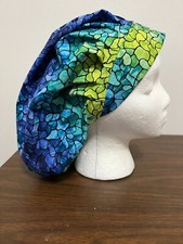 STAIN GLASS DESIGN ON SURGICAL NURSES SCRUB HAT, BOUFFANT, CHEMO, SURGERY TECH