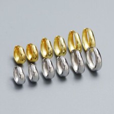 8.5/10/12mm Real s925 Sterling Silver Solid Oval Thick Hoop Huggie Clip Earring