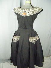 LAB-MEX Vtg 50s Black White Mayan Masks Top  Full Circle Skirt-Bust 39/Waist 28