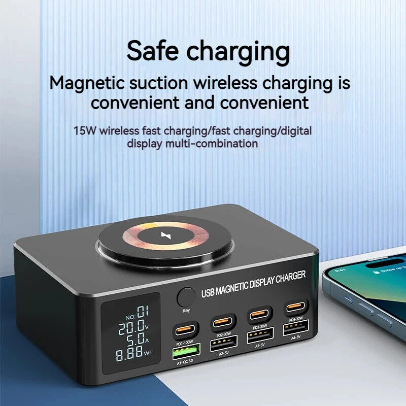 140W 8 Ports Multi USB C QC 3.0 PD 100W Fast Charger Station Wireless Charging - Image 2 of 4