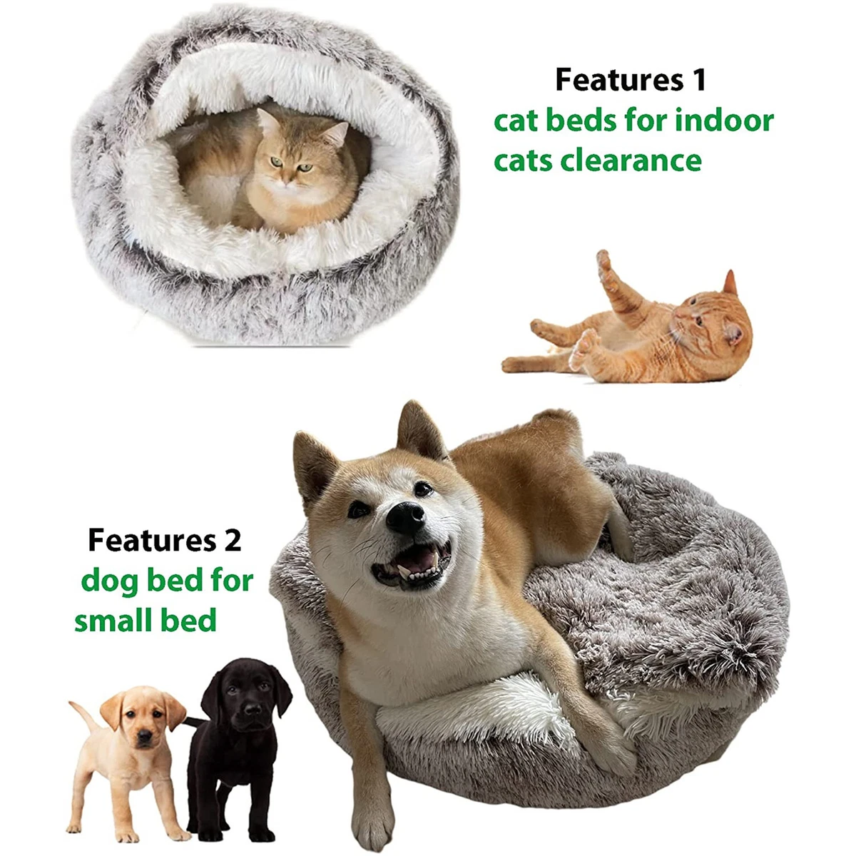Round Plush Cat Bed Cave Fluffy Hooded Cat Bed Donut Self Warming Pet Dog  Bed | eBay