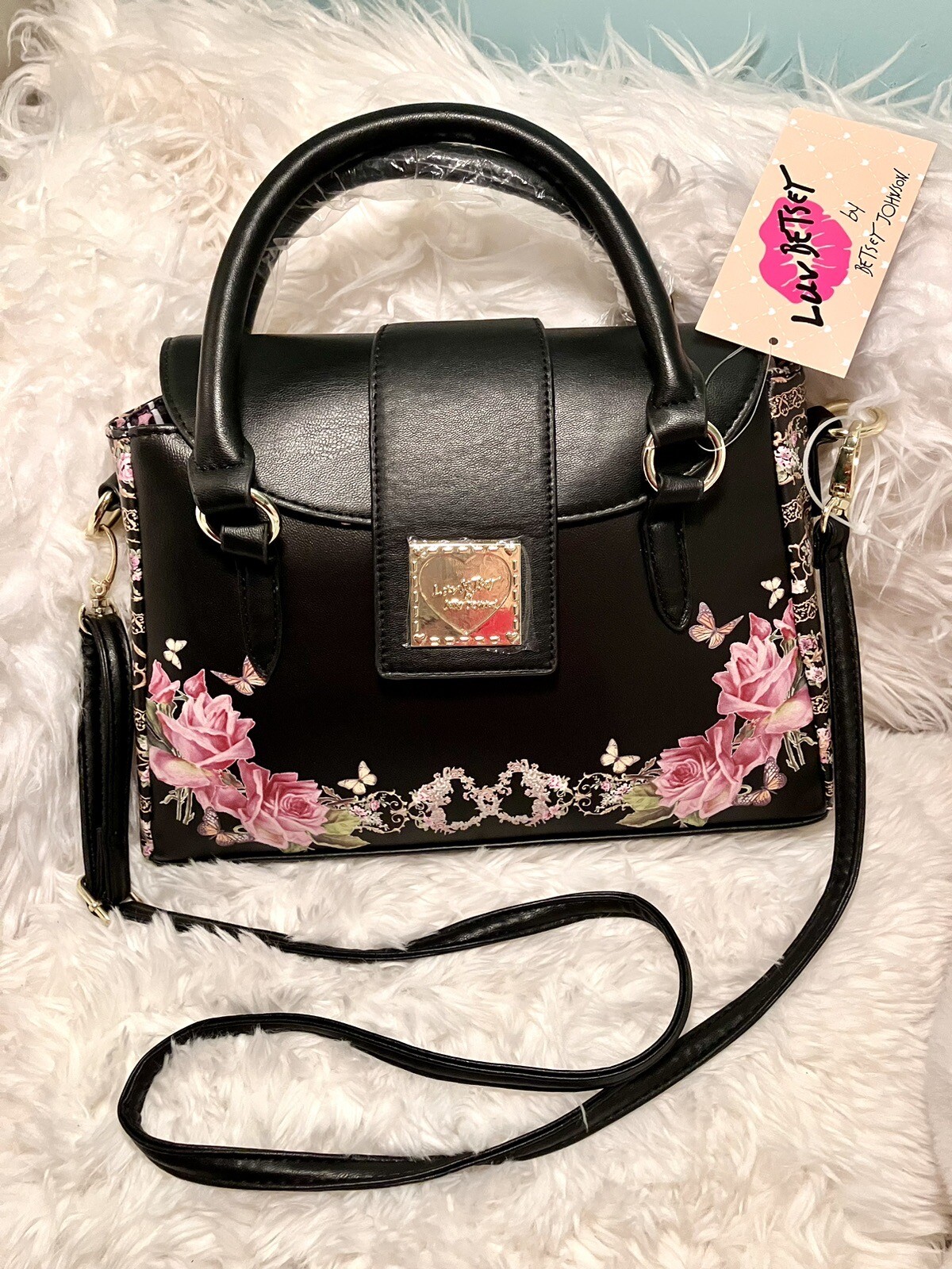 Betsey Johnson Luv Betsey LBGREER Black Floral Top Handle/Crossbody