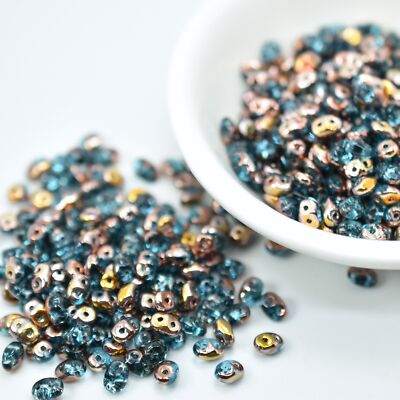 2x5mm SuperDuo Beads Aqua Capri Gold 10 grams Czech Glass Beads
