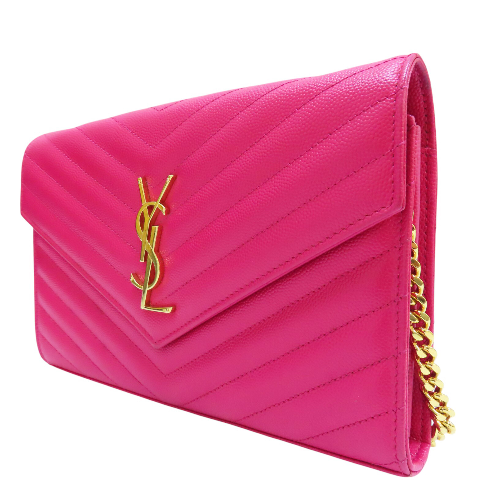 SAINT LAURENT Chevron portafoglio su catena borsa a tracolla rosa vitello 377828