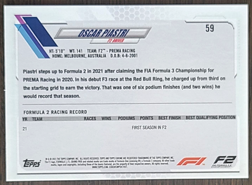 2021 Topps Formula 1 Flagship Future Stars Portrait Oscar Piastri RC Rookie F1 - Bild 2 von 2