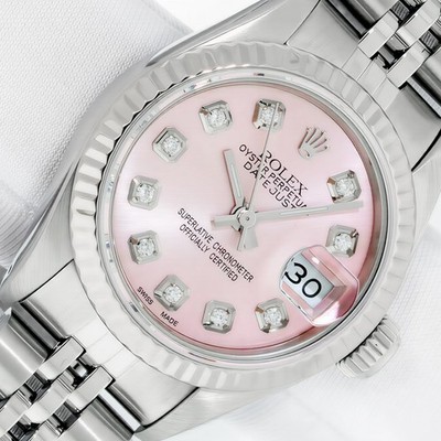 【OH済】 ロレックス 【ROLEX】 オイスターパーペチュアル デイトジャスト 69174 レディース サーモンピンク ステンレススティール/K18ホワイトゴールド 腕時計 時計 OYSTER PERPETUAL LADY-DATEJUST 26 TROPICAL LINEN DIAL SALMON PINK SS/K18WG 【中古】 ROLEX - 【OH済】 ロレックス 【ROLEX】 オイスターパーペチュアル