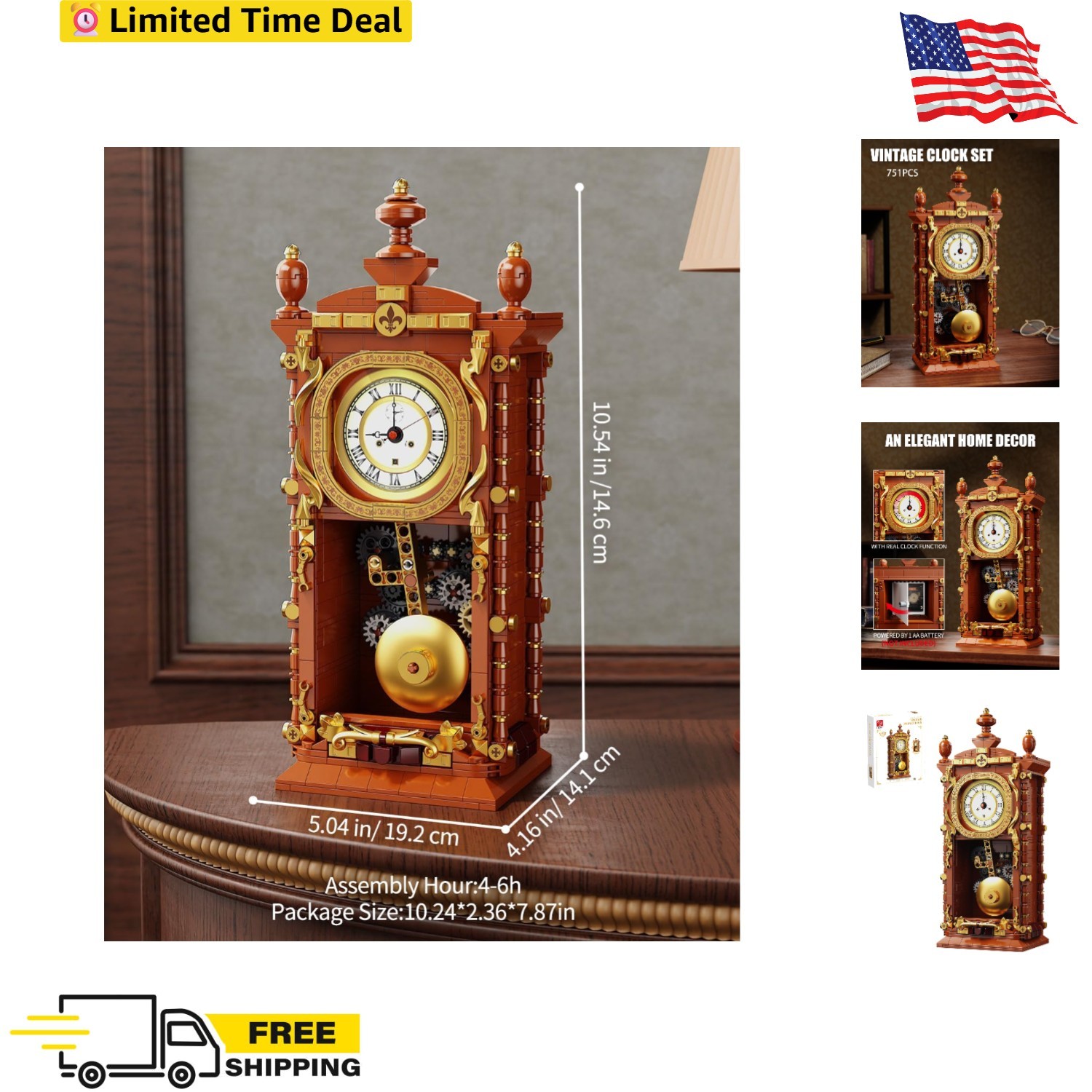 Vintage Pendulum Clock Building Kit with Mechanical Gear Linkage For Adults&Kids