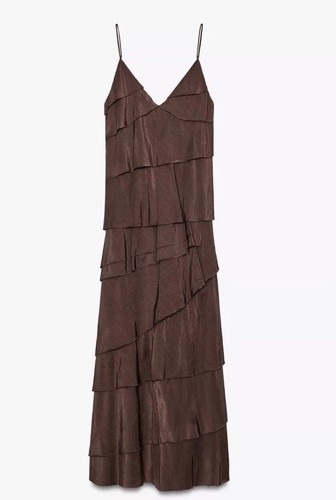 NUEVO VESTIDO CON VOLANTES ZARA 2025 MARRÓN COLECCIÓN ZW TALLA M 3214/209 RARO - Imagen 7 de 10