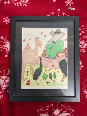 Vintage Babar der Elefant gerahmter Druck De Brunhoff, 1949 SELTENE SZENE