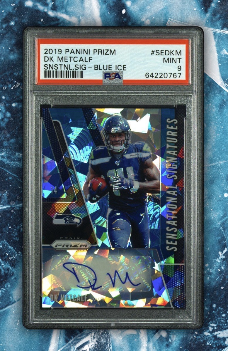 2019 Panini Prizm Sensational Signatures DK Metcalf Blue Ice Prizm /99 (AU, RC)