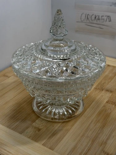 Vintage Anchor Hocking lead crystal Footed Candy Dish with Lid 7  1/2" Tall