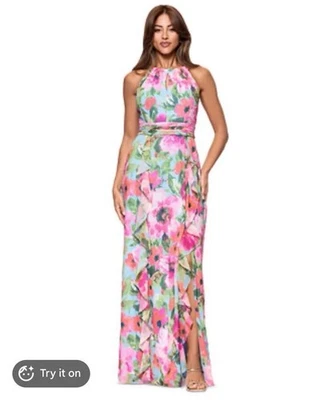 XSCAPE Floral Chiffon Ruffle Halter Maxi Gown Dress Petite Pink Blue Womens 14 - image 1 of 4