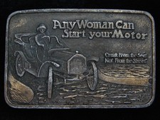QB01104 VINTAGE 1970s  ANY WOMAN CAN START YOUR MOTOR  ANTIQUE CAR BUCKLE