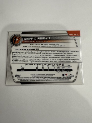 2025 Bowman Griff O'Ferrall Chrome Prospect Auto Mega Box Gold Refractor #15/50 - Picture 2 of 2