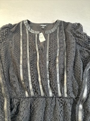 Express Shirt Top Women s Size XL Black Lace Faux Leather Shirt Long Sleeve NWT