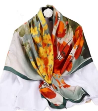 100% Silk 41" large Square Scarf Women Shawl Wrap floral green yellow red HD89