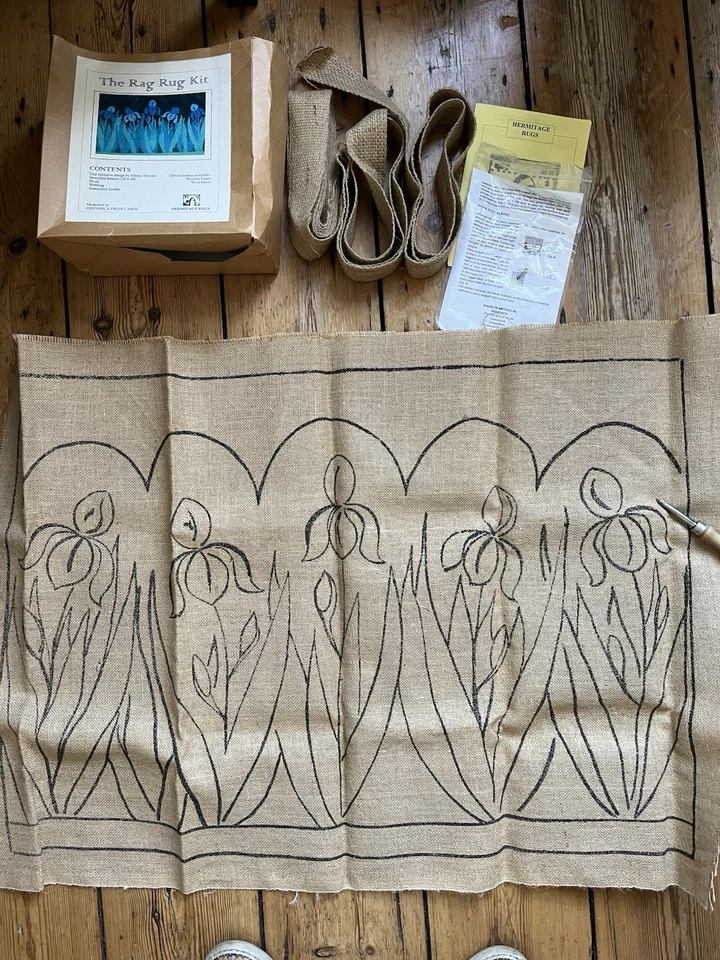 Vintage Emma Tennant Irises Rag Rug Kit Canvas+Prodder Hook + Trim 36 X24 in - Image 3 of 4