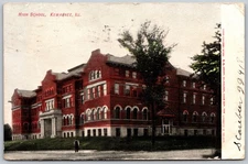 1907 Man Standing By High School Building Kewaunee Illinois ANTIQUE Postcard