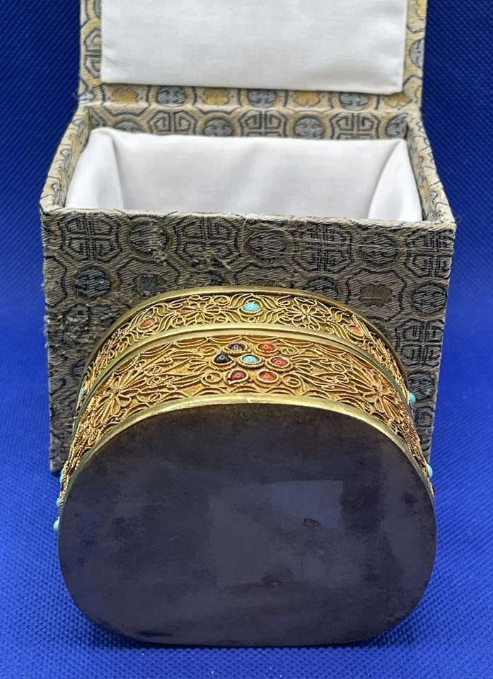 Chinese Jeweled Filigree Gilded Jade Inlaid Top Silver Trinket Box w/ Outer Box - Image 4 of 4