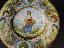 🟢 ASSIETTE FAIENCE MAJOLIQUE CHERUBINS ANTIQUE ITALIAN PLATE MAJOLICA MAJOLIKA