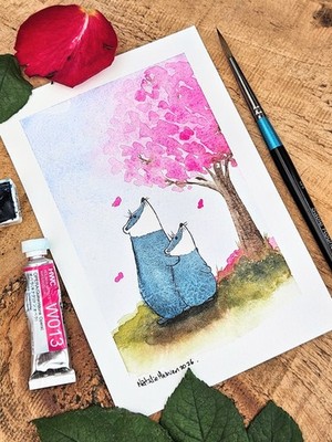 Dachsfamilie rosa Kirschblüte Baum Bild Wald Tier Kinderzimmer Deko Kunst