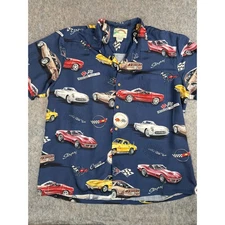 Vintage Paradise Found Corvette Hawaiian Shirt Men's 2XL Navy Casual Button-Up