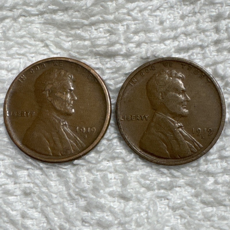 #5H~Set Of 2~1919S Lincoln Wheat Pennies. Beautiful Coins For Your Collection