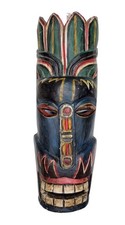 Vintage Handcrafted Carved Wooden Hanging Warrior Tiki Mask Colorful Large 20"