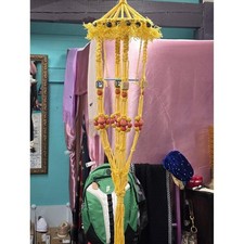 Vintage 70's Macrame Bird Perch Or Decoration Yellow Orange Beads Yarn