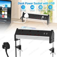 Kitchen Worktop Power Strip Extension 1.8m 3 Way Outlet Socket with 2USB 2 Clamp