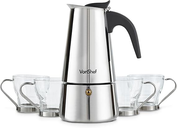 VonShef Macchina per caffè espresso da 6 con 4 tazzine di vetro – Acciaio inox